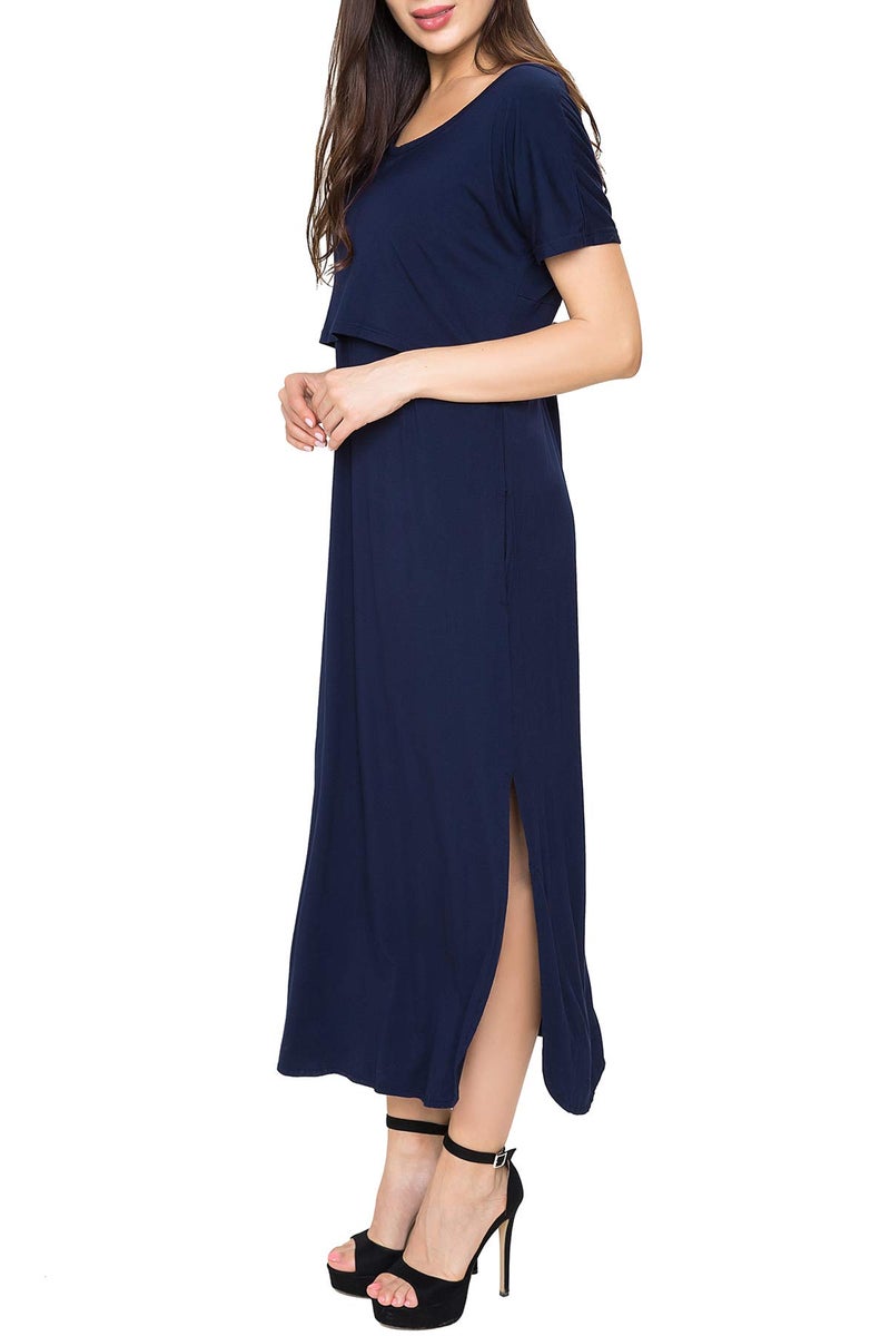 Smallshow Women's Maternity Nursing Dresses Split Long Dress for Breastfeeding Large Dark Blue - Image 4